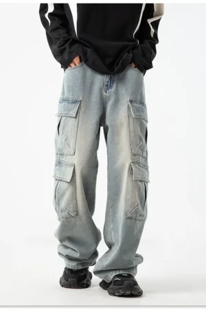 Men's new multi pocket workwear design jeans retro washed Japanese and Korean casual pants loose pants soft and cool