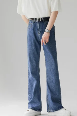 New High Quality Bootcut Jeans for Man Daily Casual Loose Straight Leg Denim Pants Male Fashion Versatile Vintage Trousers - Dark Blue, S