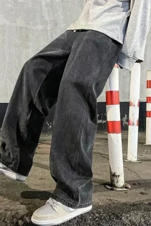 Fashion Men's Solid Color Drape Jeans Loose Straight Korean Vintage High Street Hip-hop Y2K Casual Daily Dragging Wide-leg Pants