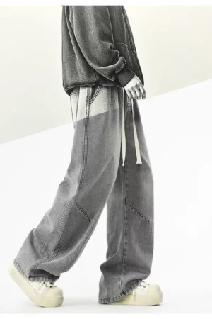 2025 Hip-hop Baggy Denim season elastic waist New Korean Men's Jeans American Loose Fit Wide-leg Straight Casual Trousers Street